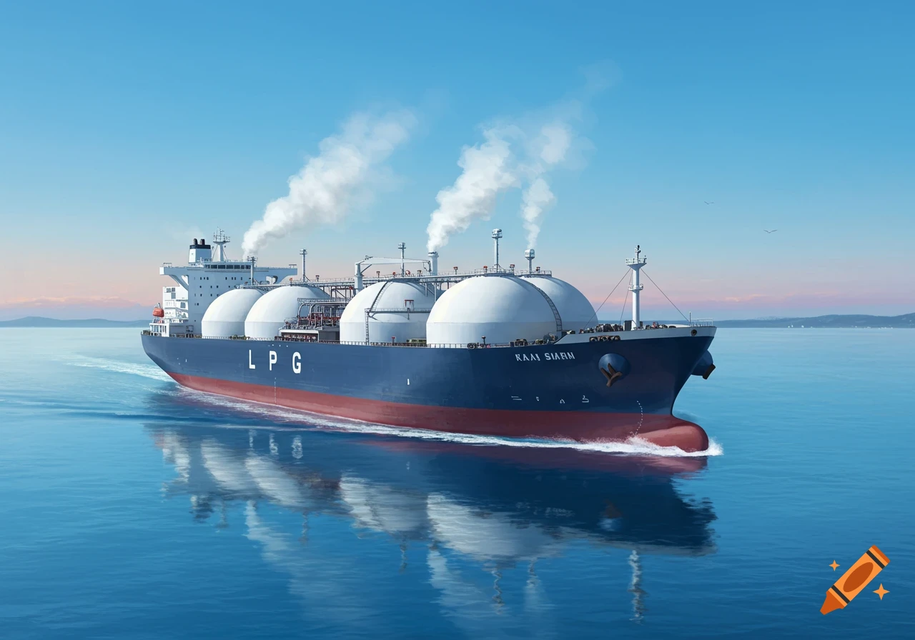Large blue and red LPG tanker ship with white spherical tanks sails on calm blue ocean under a clear sky.