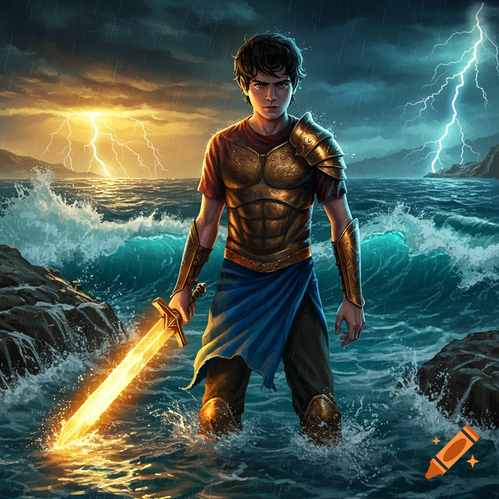 A young man with dark hair wears golden armor and holds a glowing sword while standing in a stormy sea with lightning in the sky. Illustrated style.