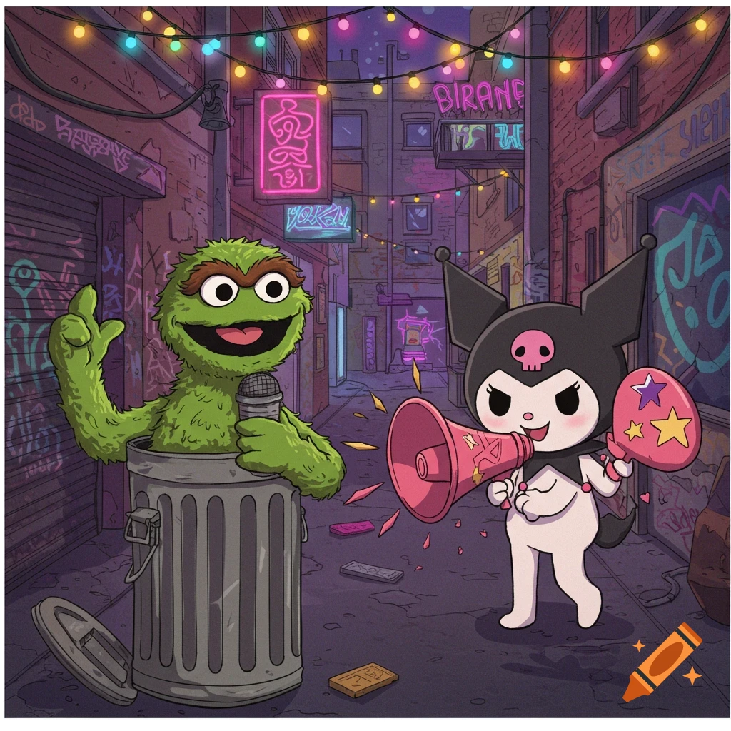 Oscar the Grouch in a trash can holding a microphone and Kuromi holding a megaphone and a star-shaped rattle, standing in a neon-lit alleyway with graffiti.