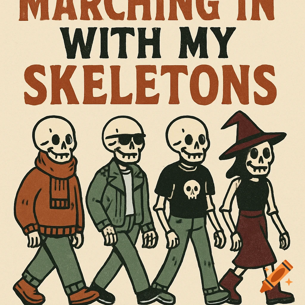 Vintage illustration of four stylish skeletons in various outfits marching together, with the text 'Marching in With My Skeletons'.