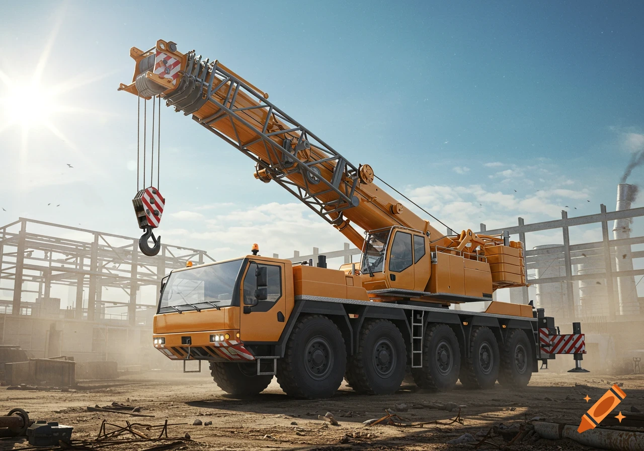 A large yellow mobile crane stands on a dusty construction site with industrial buildings under a bright, sunny sky.