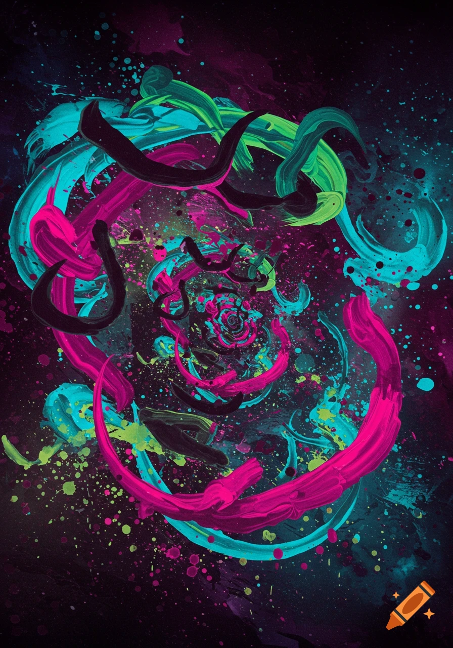 Abstract art with swirling magenta, cyan, and lime green brushstrokes and paint splatters on a dark background.