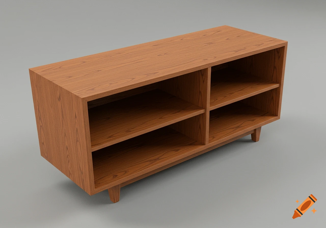 A photorealistic 3D render of a modern solid American Cherry sideboard with multiple shelves, minimalist contemporary style.