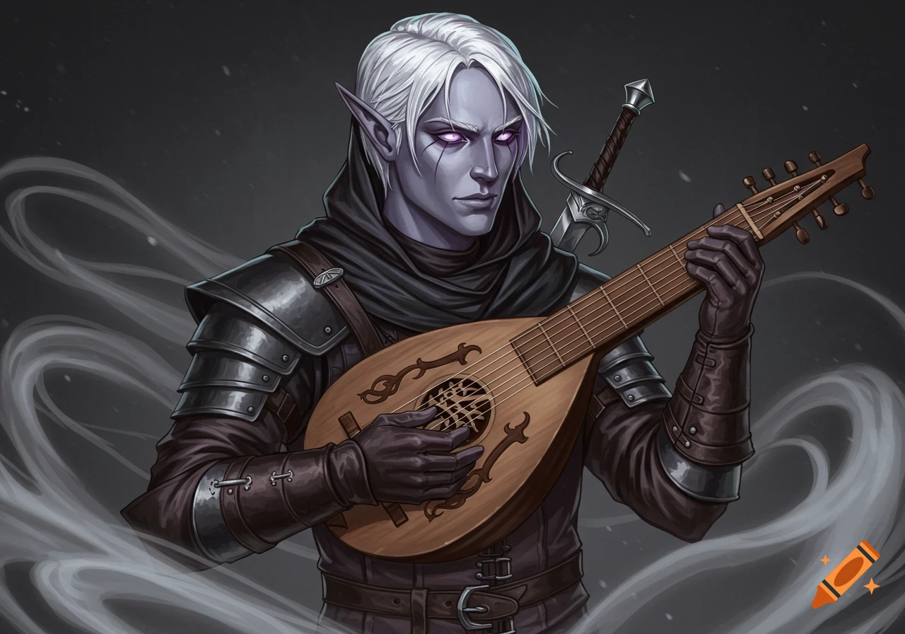 A dark-skinned male drow bard with white hair and glowing lavender eyes plays a lute. He wears black leather armor, a hood, and has a rapier at his back, in a D&D fantasy art style.