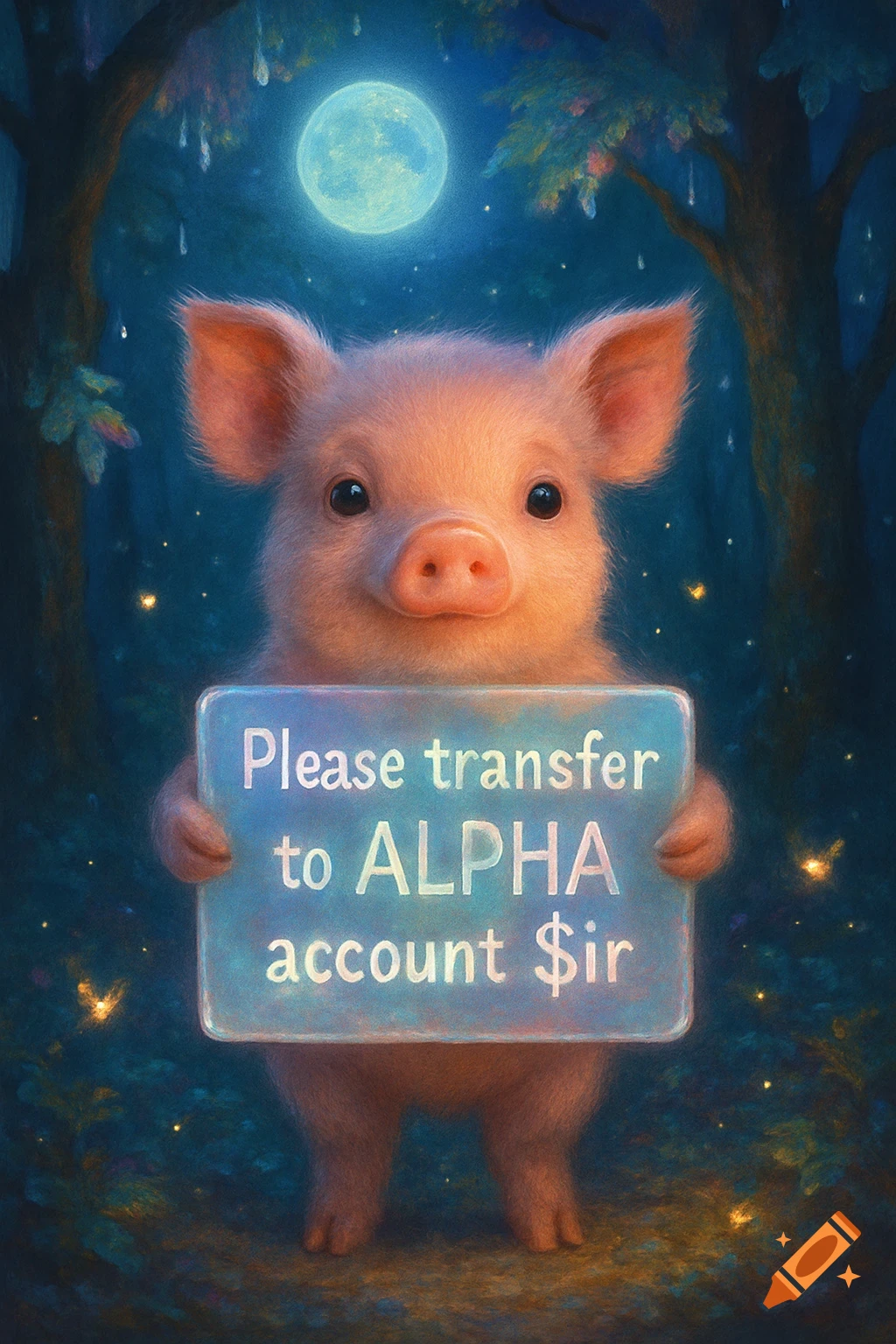 A cute, fluffy pig holds a glowing sign that reads 'Please transfer to ALPHA account $ir' in a magical forest under a full moon, digital painting.