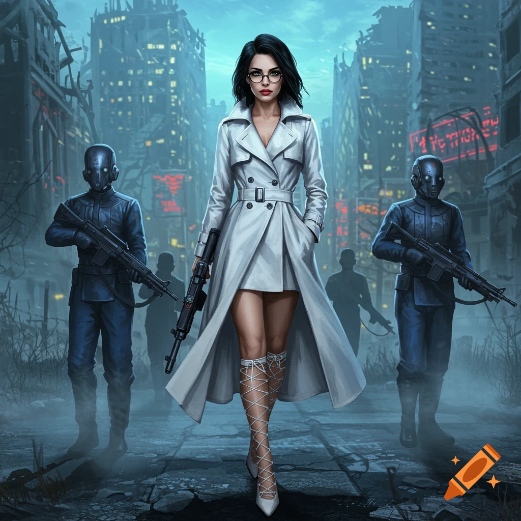 Dark-haired woman in a white trenchcoat and laced heels, holding a rifle, walks through a ruined city flanked by armed synth guards. Digital art.