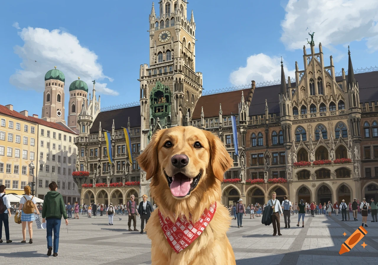 A happy Golden Retriever with a red bandana smiles at the camera in Munich's Marienplatz, with the New Town Hall and Frauenkirche in the background.