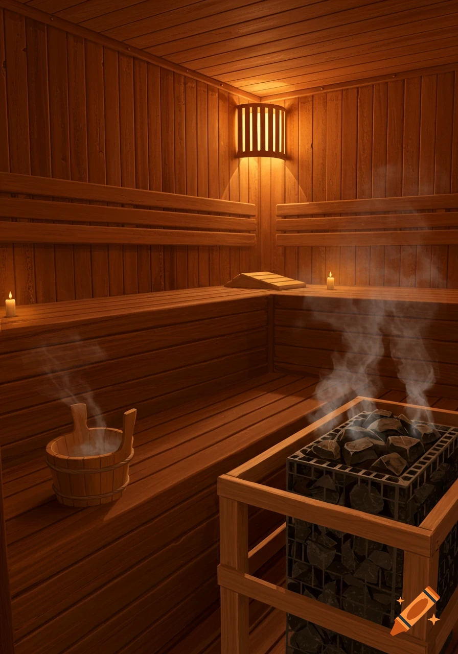 Photorealistic interior of a warm wooden sauna with a heated rock stove, steam rising, and a wooden bucket.