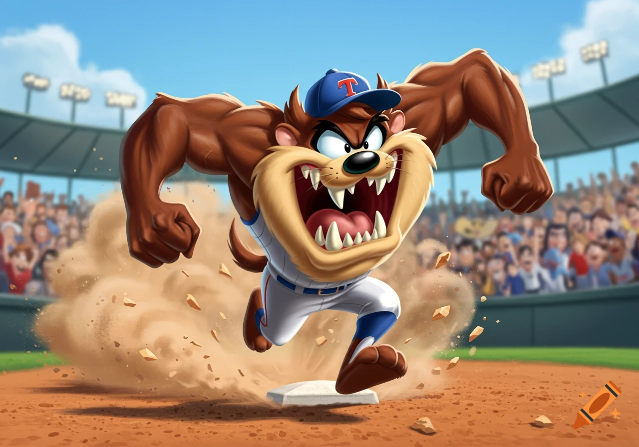 A muscular, top-heavy cartoon Taz from Looney Tunes, wearing a baseball uniform and cap, sliding into home base, kicking up a dust tornado in a stadium.