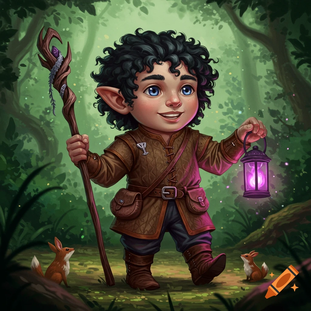 A cute, curly-haired gnome with blue eyes holds a glowing purple lantern and a staff, walking through a mystical forest with two small foxes.