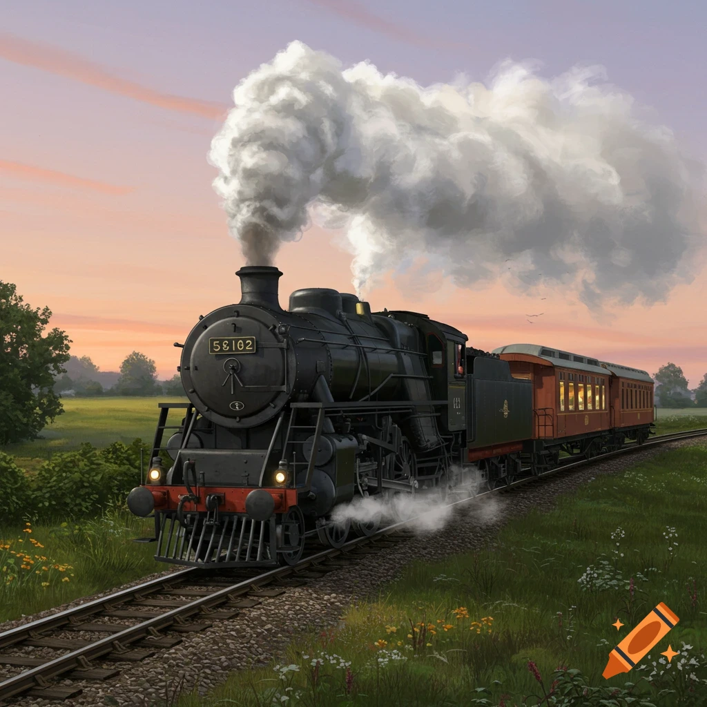 An illustration of a black steam train with a red passenger car, traveling through a green field at sunset.