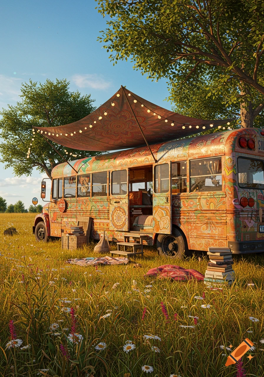 A brightly painted hippie-style school bus camper parked in a sunny field with tall grass, under a tarp with string lights.