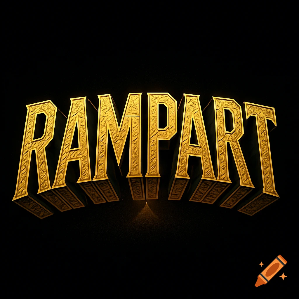 Gold, textured 3D word RAMPART in a comic book style with Egyptian elements against a black background.