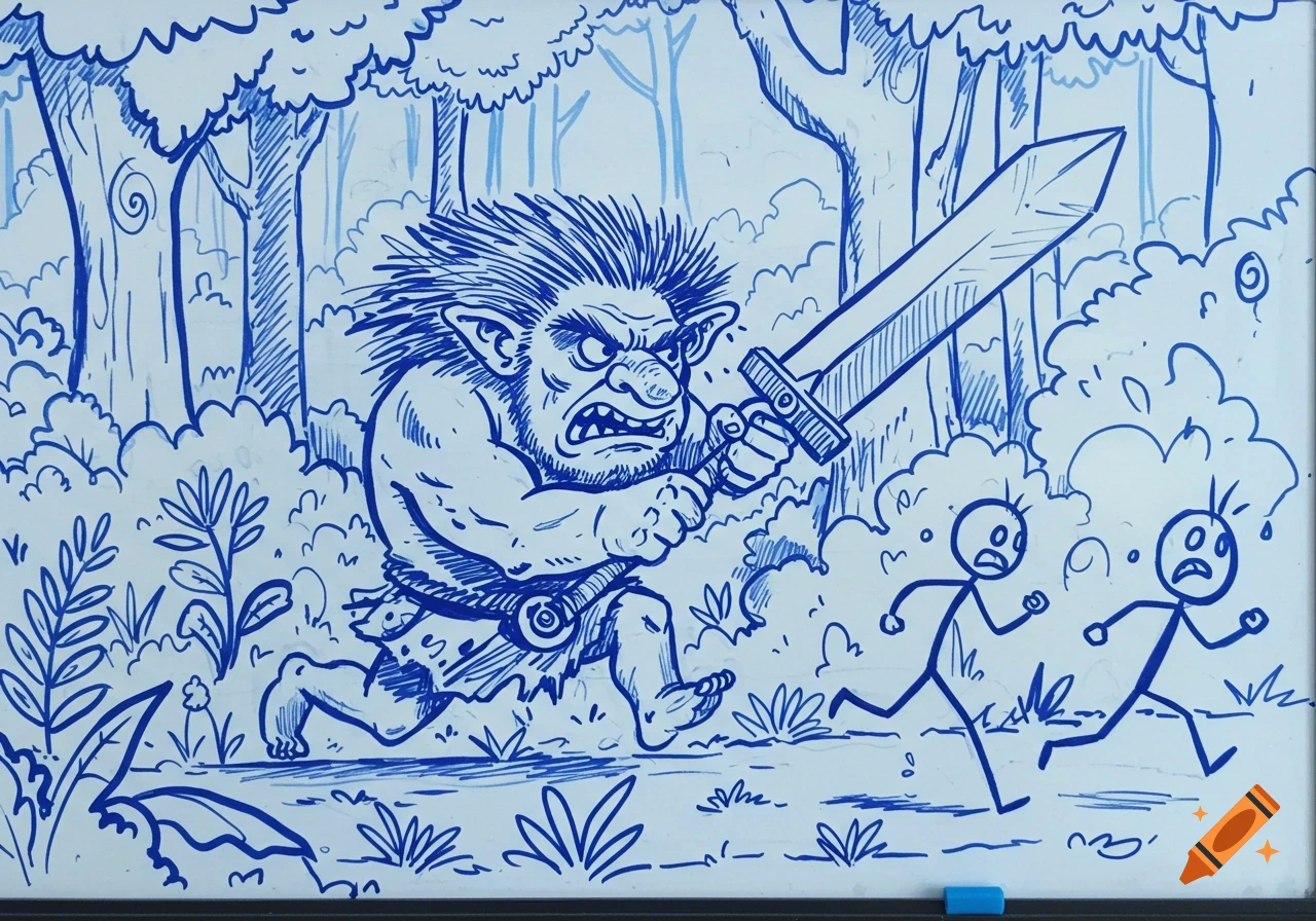 Blue ink whiteboard drawing of a fierce troll with a sword chasing two stick figures through a forest.