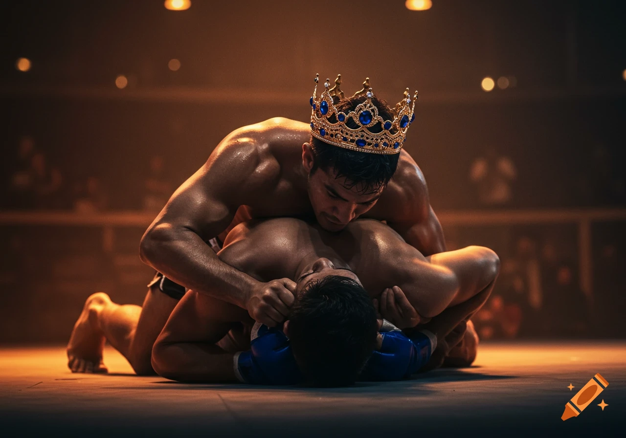 Two muscular men wrestling in an arena, one wearing a golden crown applies a hold on the other.