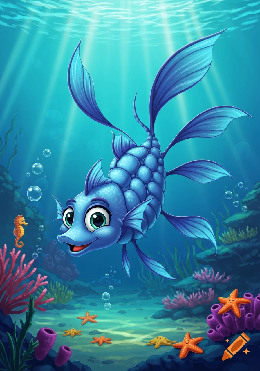 A vibrant, cute blue cartoon fish with large eyes smiles underwater, surrounded by coral, starfish, and a seahorse, with sun rays filtering from above.