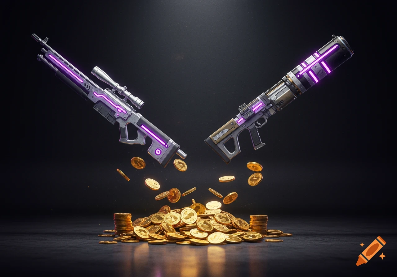 Two futuristic weapons with purple neon accents hover over a large pile of gold coins on a dark background.