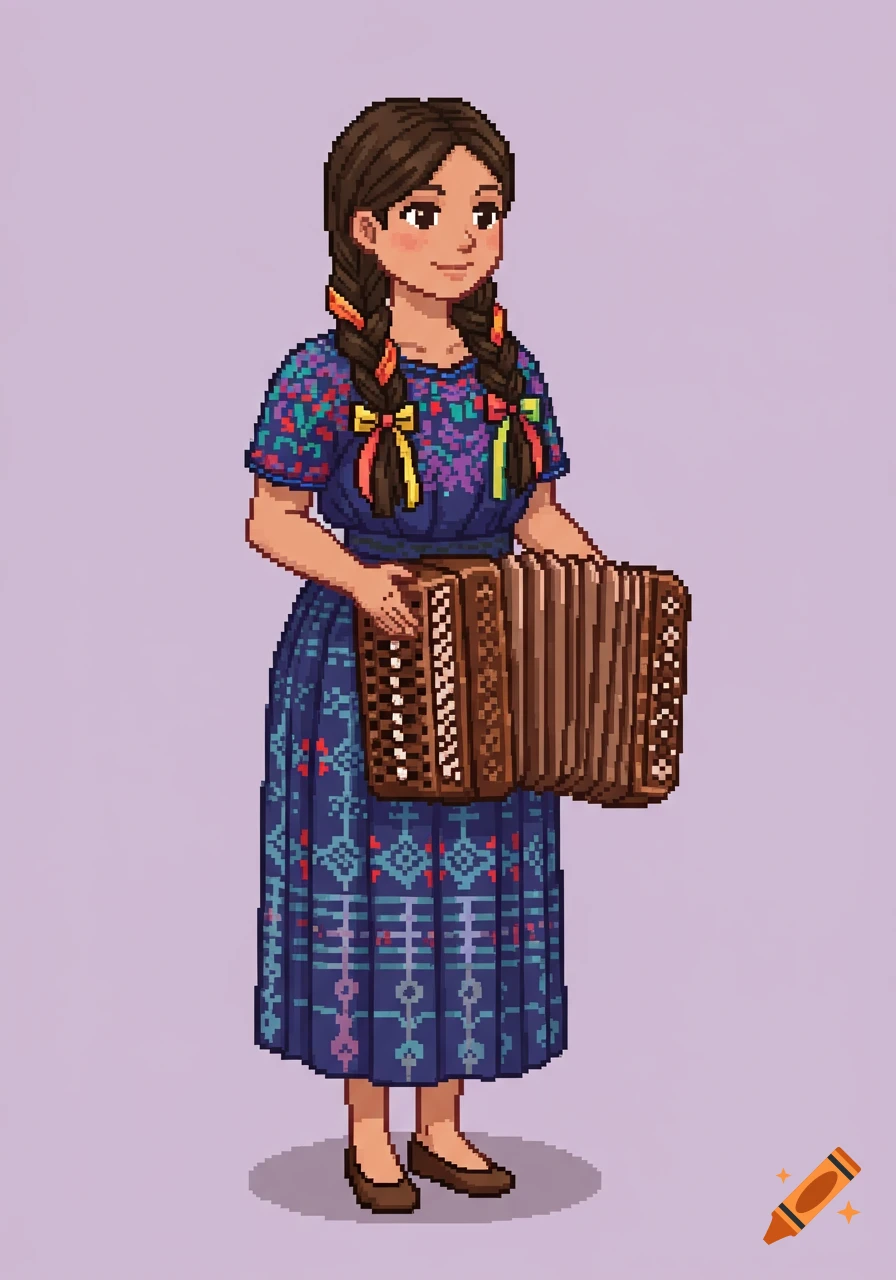Pixel art of a woman in traditional Guatemalan clothing, holding an accordion.