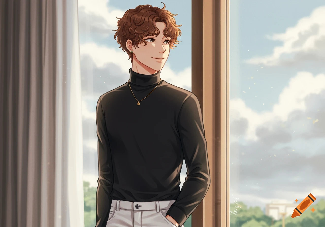 Anime character with wavy brown hair, black turtleneck, and white jeans, smiling while looking out a window on a cloudy day.