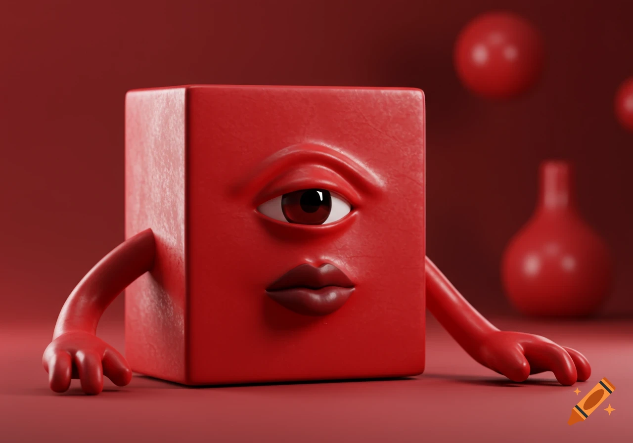A red cube character with a single eye, full maroon lips, and arms rests on a red surface, with blurred red objects in the background.