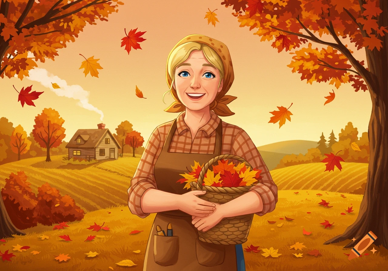 A smiling cartoon woman in an apron holds a basket of autumn leaves in a rural fall landscape.