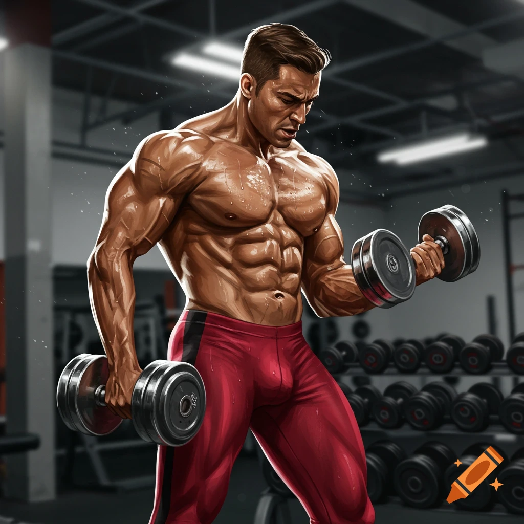 Illustrative depiction of a muscular man sweating while lifting dumbbells in a gym.