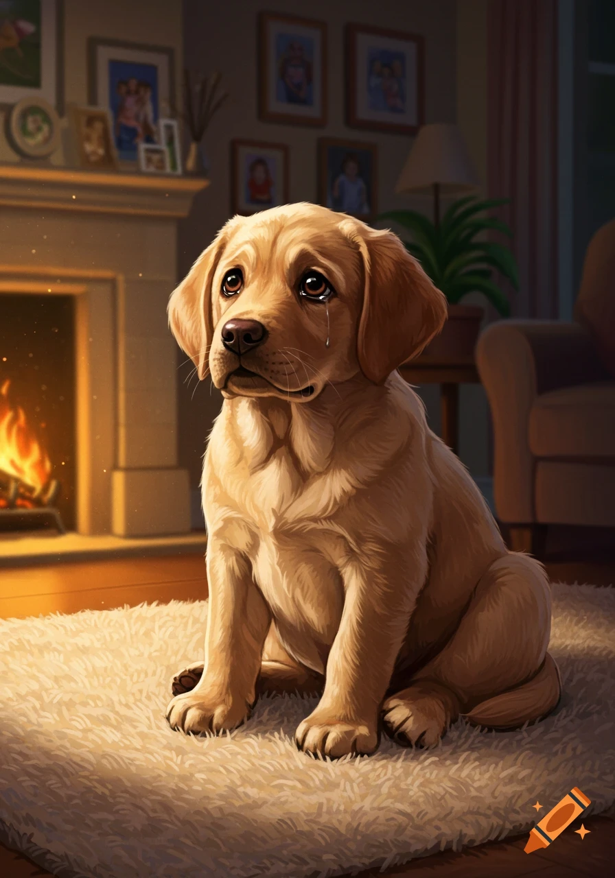 An illustrative golden lab puppy sits on a fluffy rug, crying beside a warm fireplace in a cozy room.