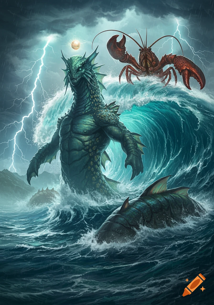 A green sea creature with a glowing orb on its head emerges from stormy waves, with a large red lobster and lightning in the dark sky.