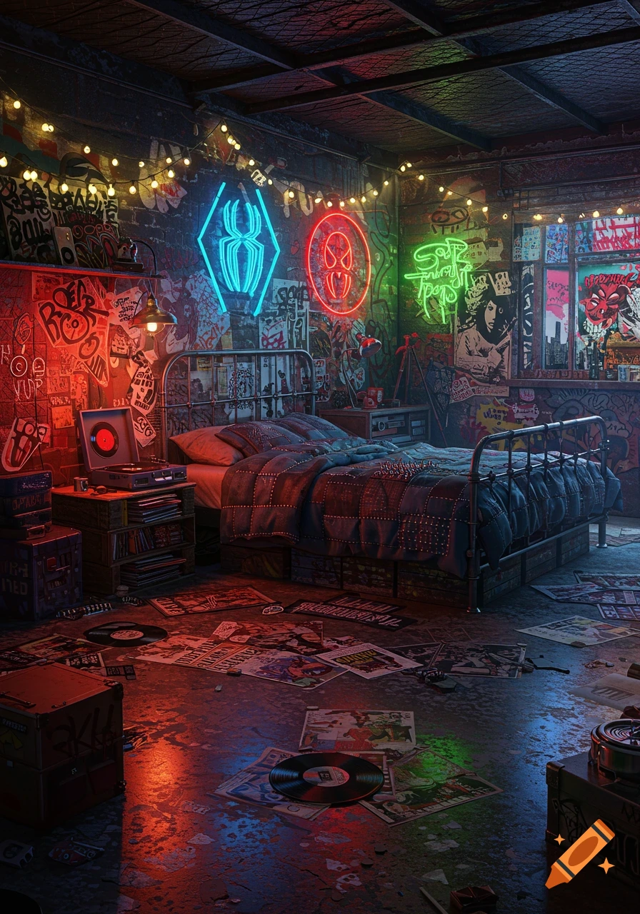 A vibrant, cluttered Spider-Punk inspired bedroom with graffiti walls, neon lights, a metal bed, record player, and scattered vinyl.