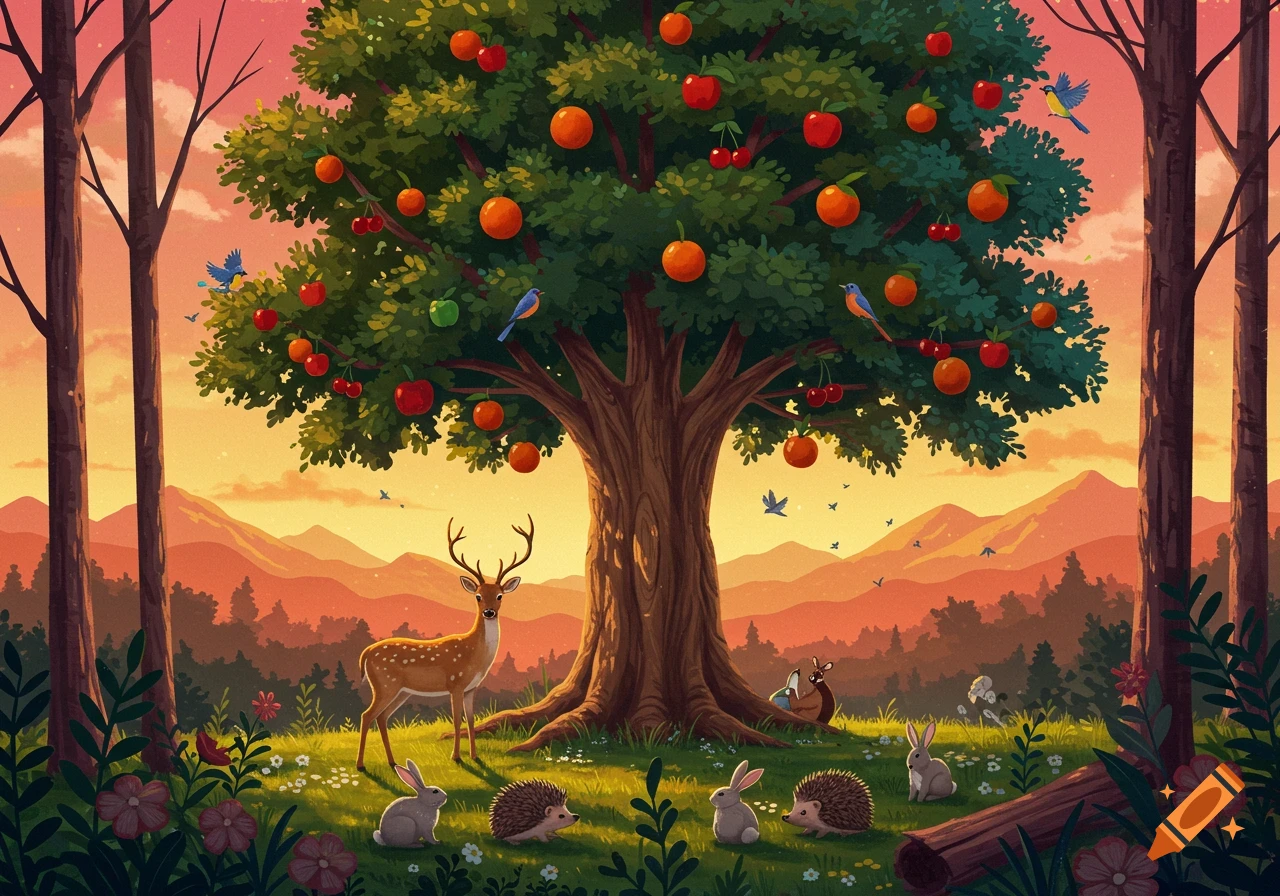 A colorful illustration of a large fruit tree with deer, rabbits, hedgehogs, and birds in a forest at sunset with mountains.