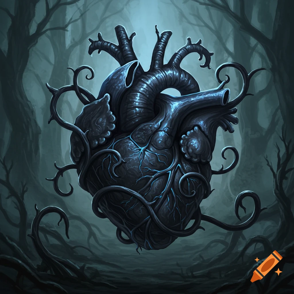 Dark fantasy illustration of a gothic heart entwined with thorny vines, set against a blurred, haunted forest background.