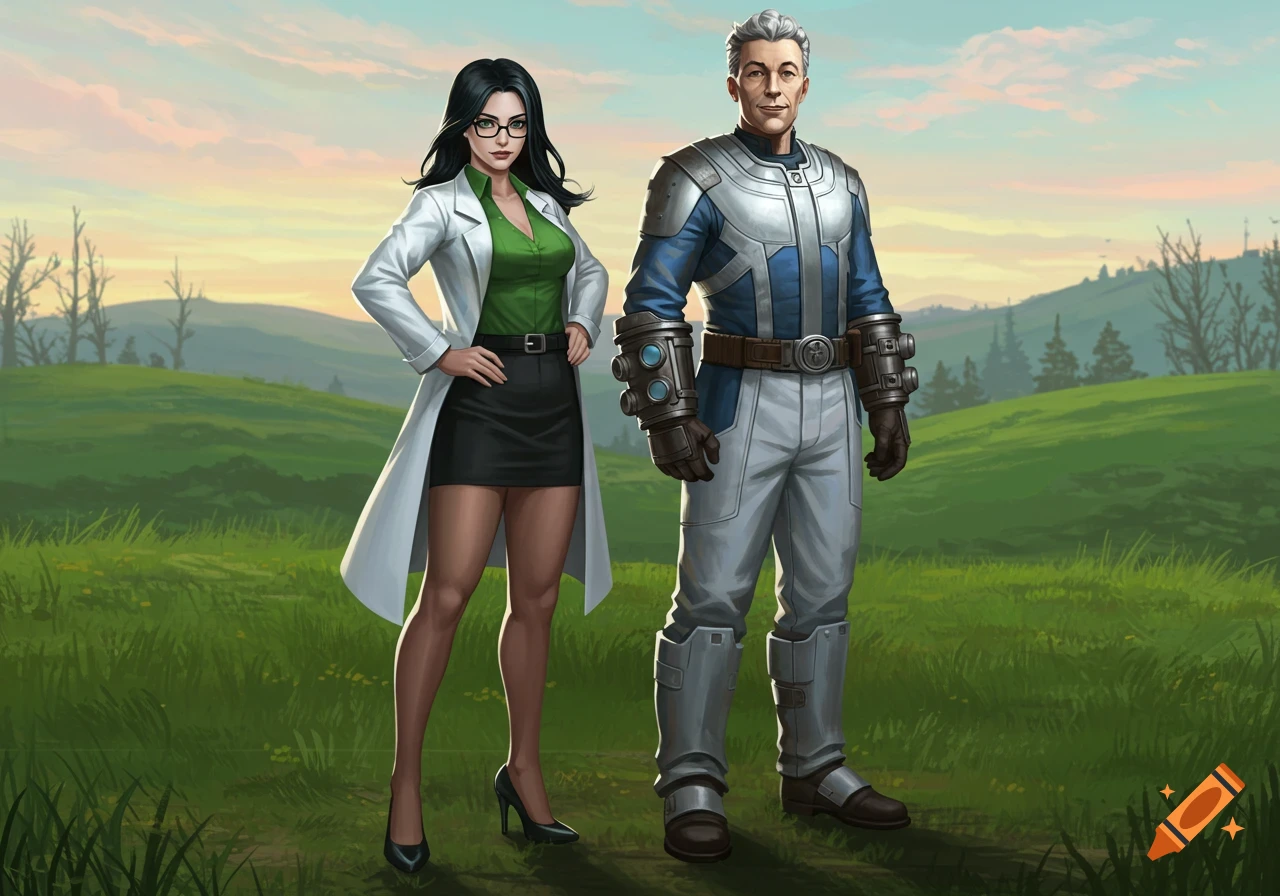 A female scientist in a white lab coat and mini skirt stands beside a man in sci-fi armor in a grassy field at sunset. Illustration.