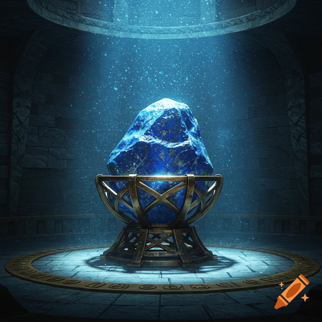 A large, glowing blue crystal sits in an ornate bronze cradle in a dimly lit, ancient stone chamber.