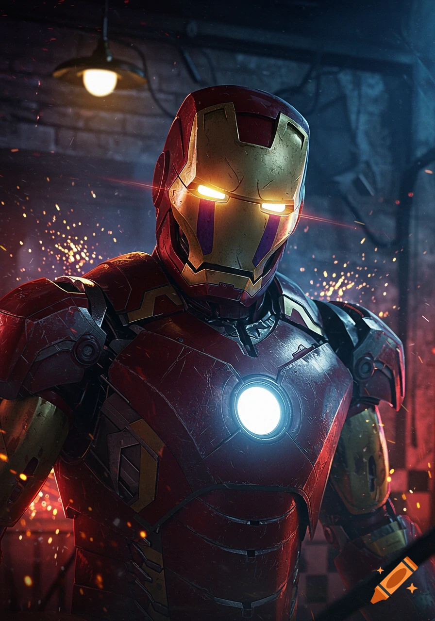 Close-up of Iron Man's armored suit, glowing eyes and arc reactor, surrounded by sparks in a dark, industrial setting.