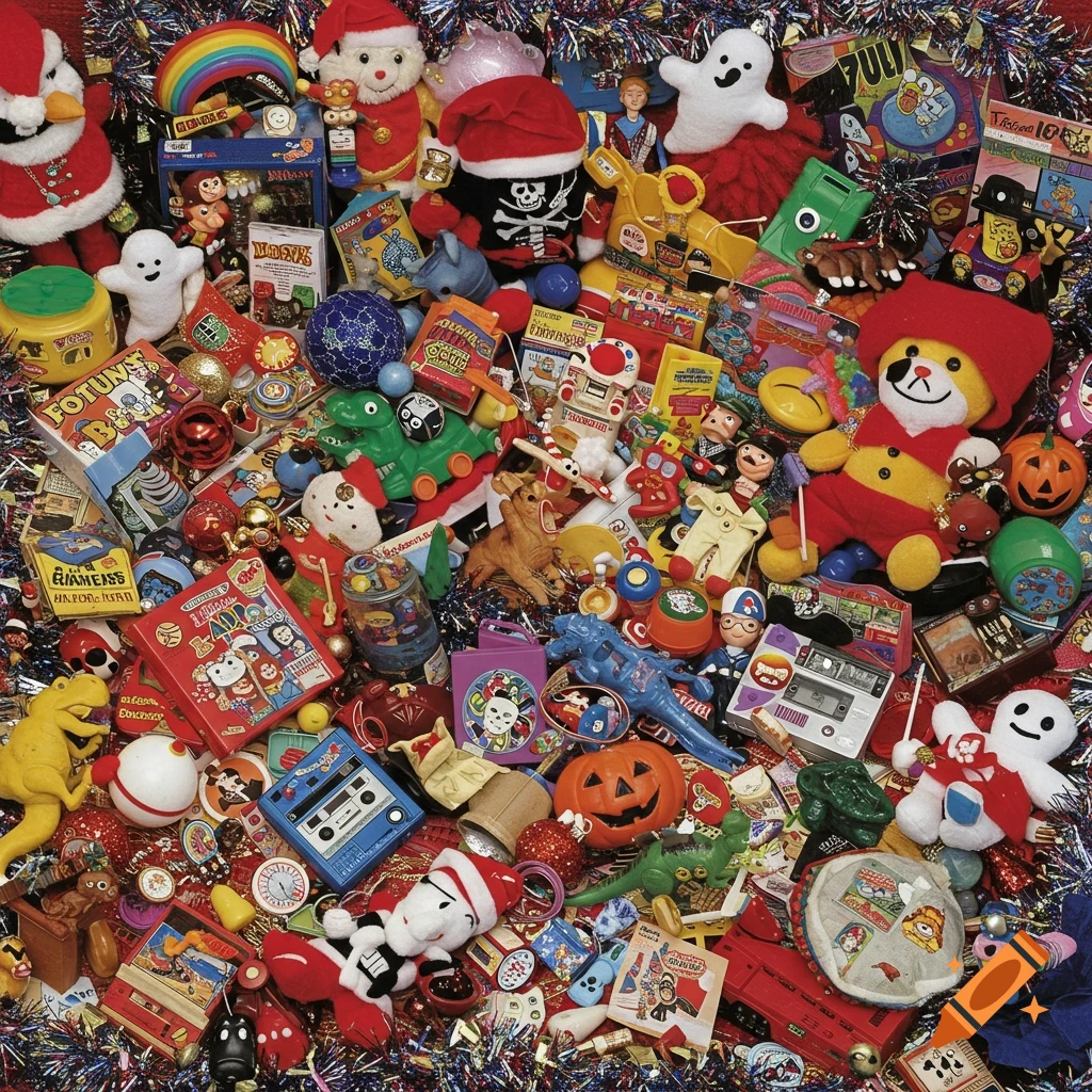 Overhead view of a vibrant, chaotic pile of toys and trinkets, including Santa hats, ghosts, a rainbow, a pumpkin, and many other colorful items, all on a shimmering tinsel background.