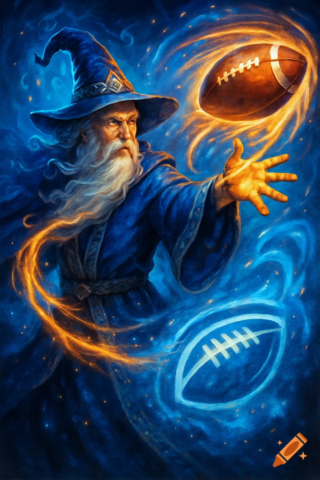 A wizard in blue robes and hat casting a spell to throw a glowing American football against a dark, starry, magical blue background, digital art.