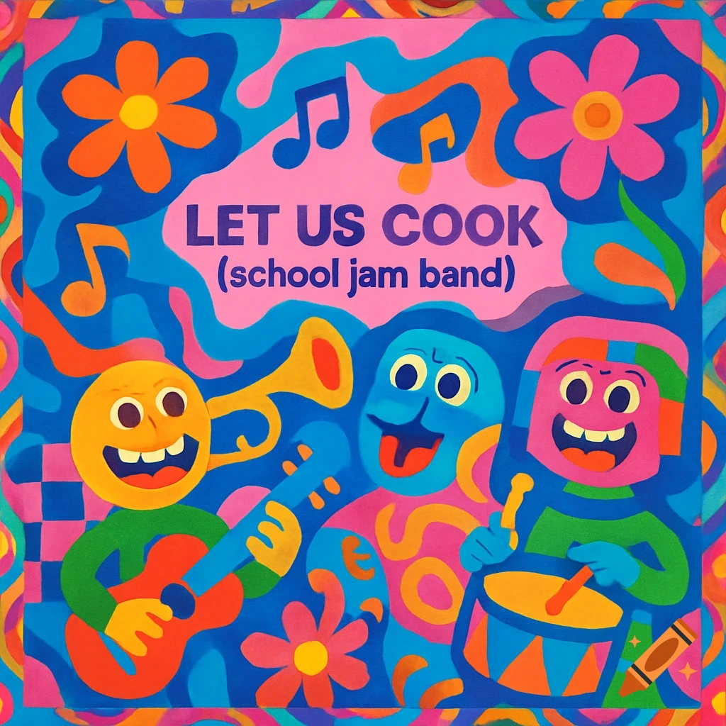 Colorful, abstract, cartoon illustration of a school jam band. Three smiling characters play guitar, trumpet, and drums, surrounded by musical notes and flowers. Text reads 'LET US COOK (school jam band)'.