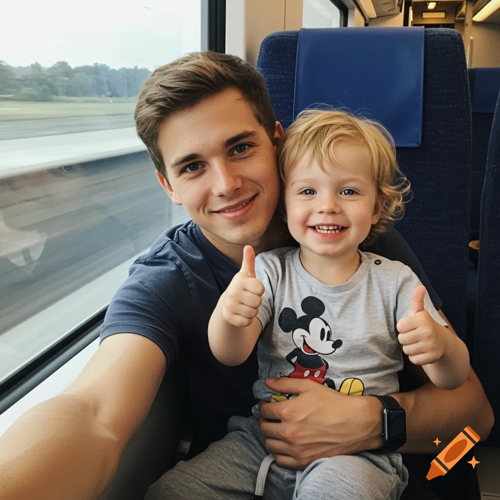 A young man holds a smiling child in a Mickey Mouse shirt on a train, both giving thumbs up. Photorealistic.