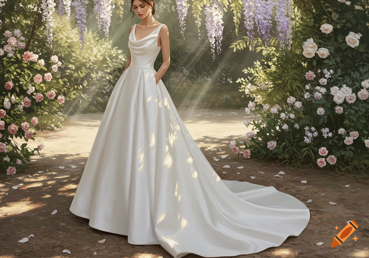 Woman in a white satin A-line wedding dress with a cowl neckline and long train, standing in a sunlit garden with pink roses and purple wisteria.