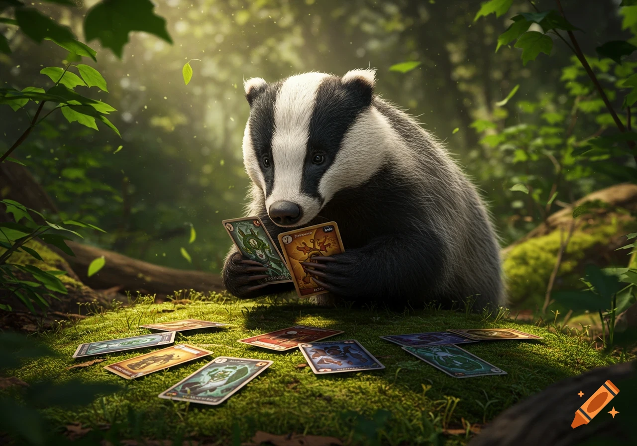A photorealistic badger sits in a mossy forest clearing, intently holding and looking at two colorful trading cards, with more cards scattered on the ground.