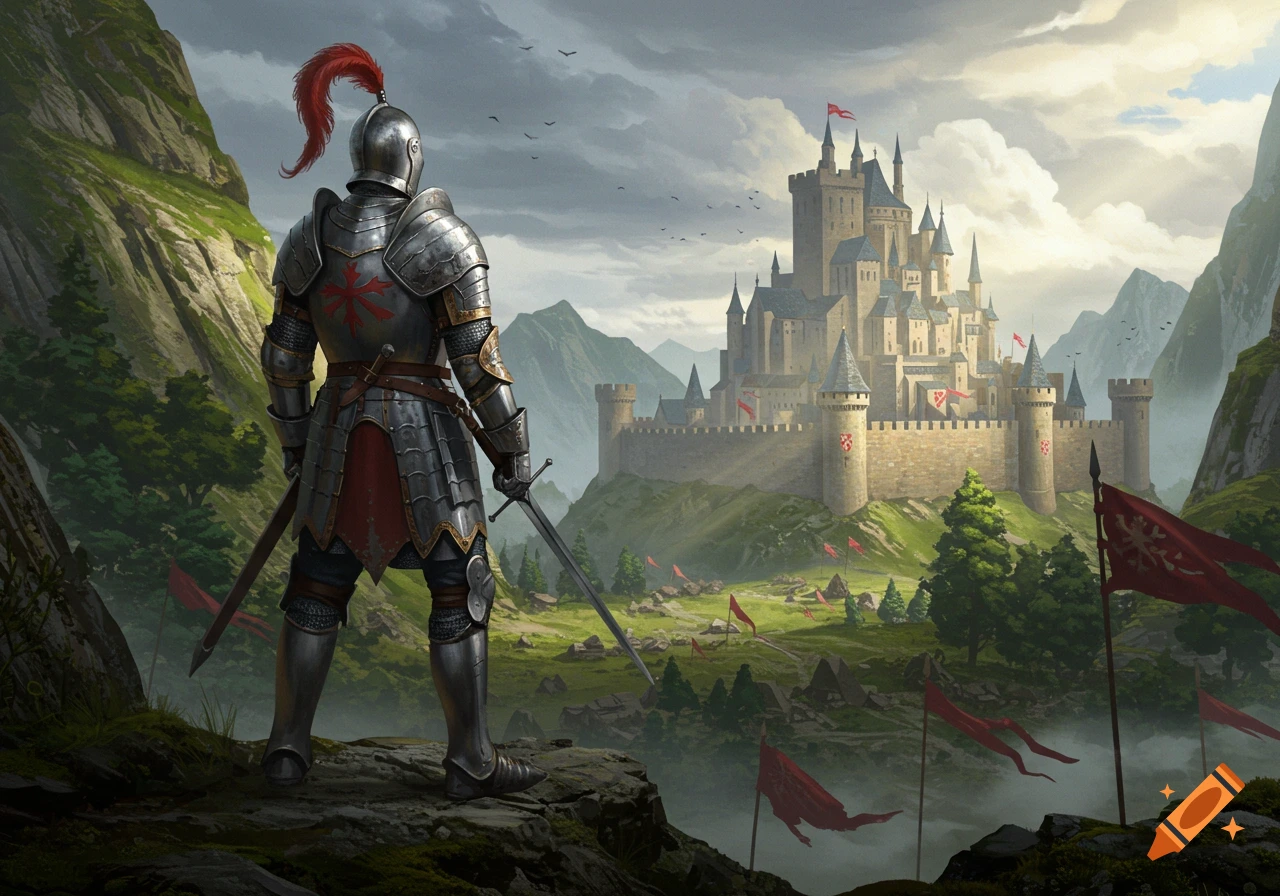 A knight in shining armor stands on a hill overlooking a majestic medieval castle in a green valley.
