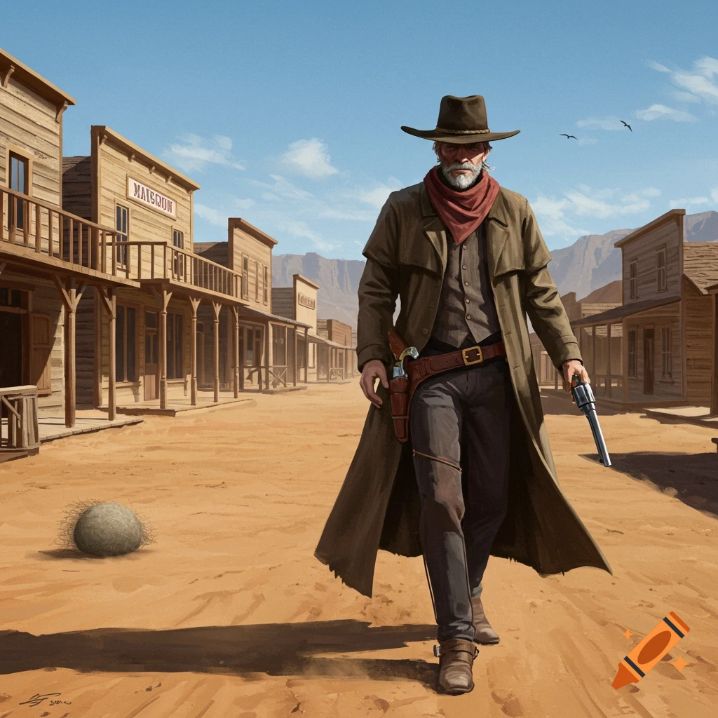 A bearded gunfighter in a trench coat and cowboy hat walks down the dusty main street of an old Western town, holding a revolver.
