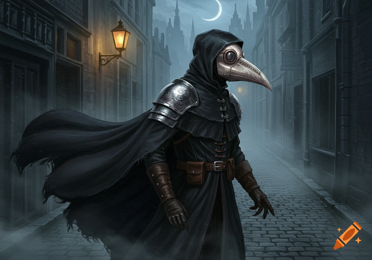 A plague doctor in a dark cloak and bird-like mask stands on a foggy cobblestone street at night, a crescent moon above.