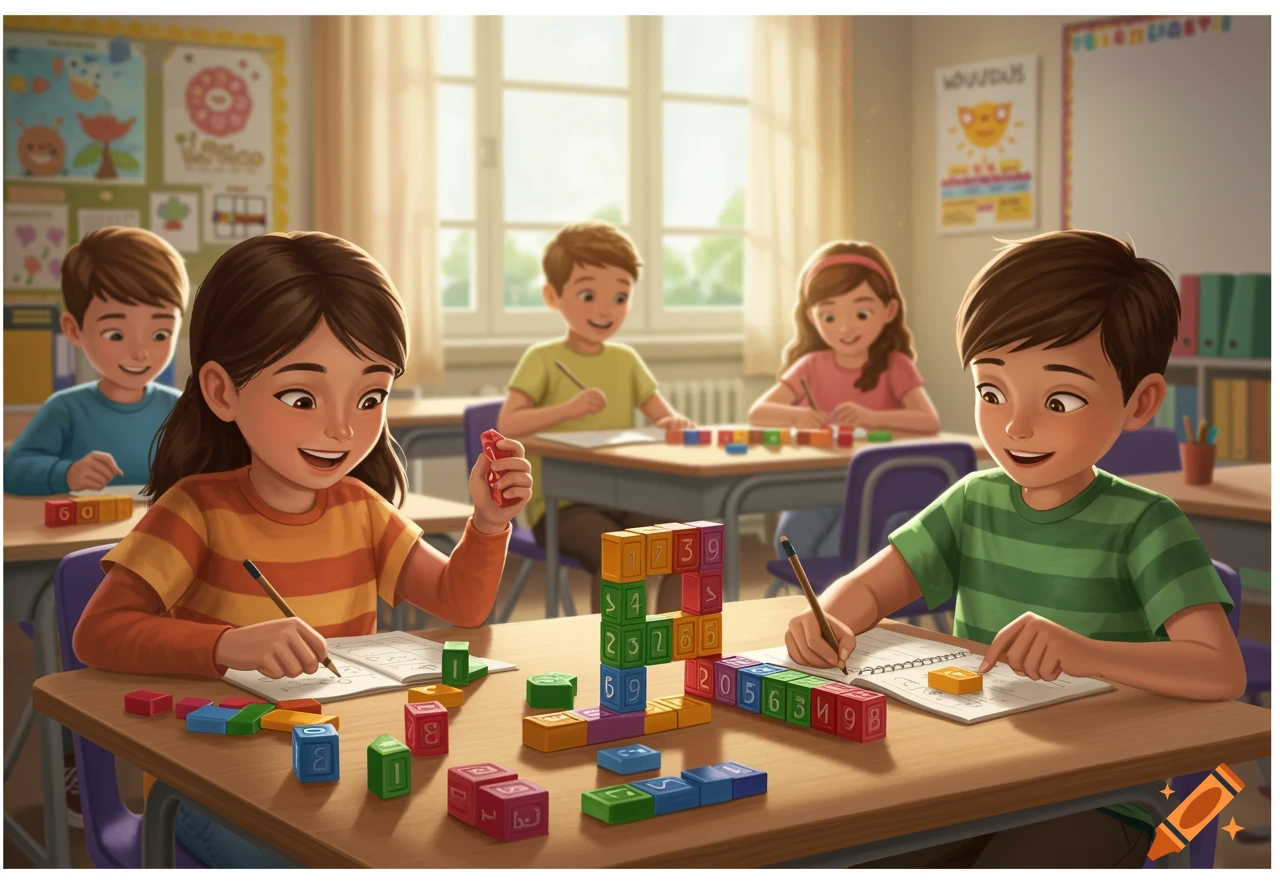 Children in a bright classroom work on math problems with colorful building blocks at their desks, smiling and engaged.