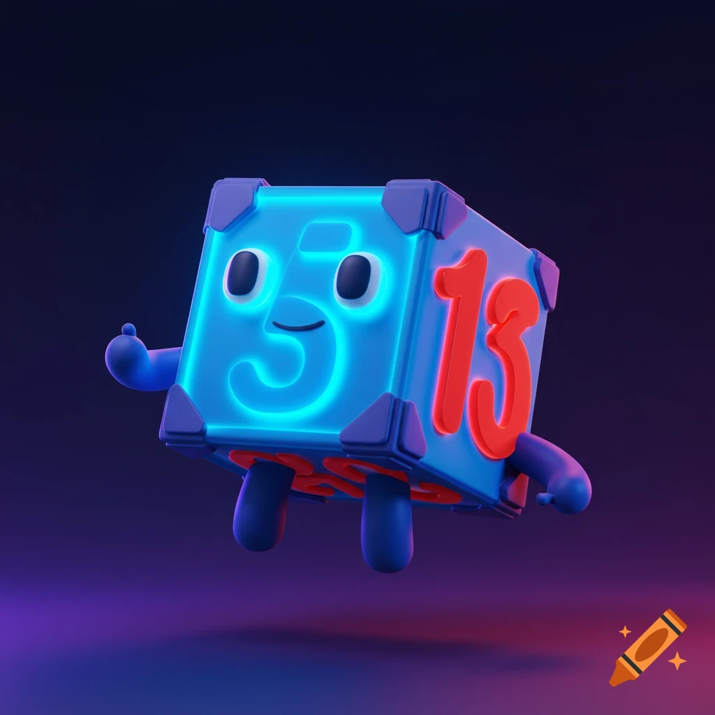 A cute, blue 3D cartoon block character with a glowing number '5' on its front and a red '13' on its side, floating in a dark setting.