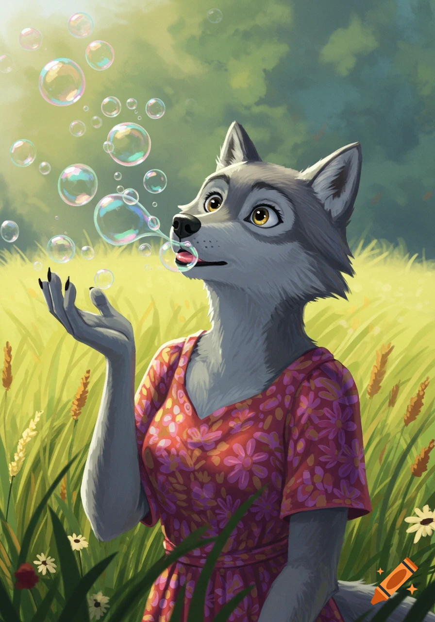 Cartoon anthropomorphic wolf woman blowing iridescent bubbles in a sunny meadow.