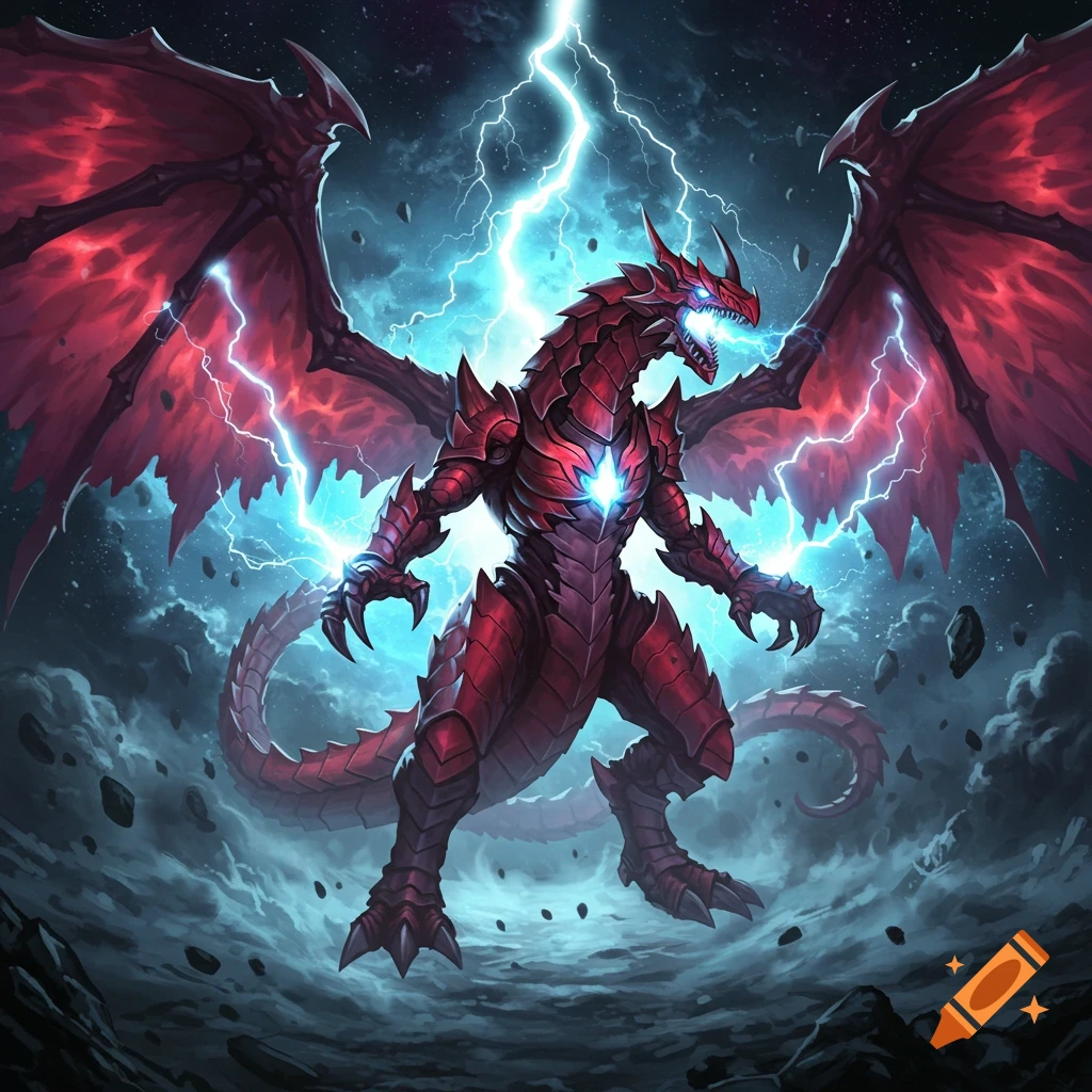 A red armored dragon with large wings and glowing blue lightning stands against a dark, stormy sky. Digital illustration.