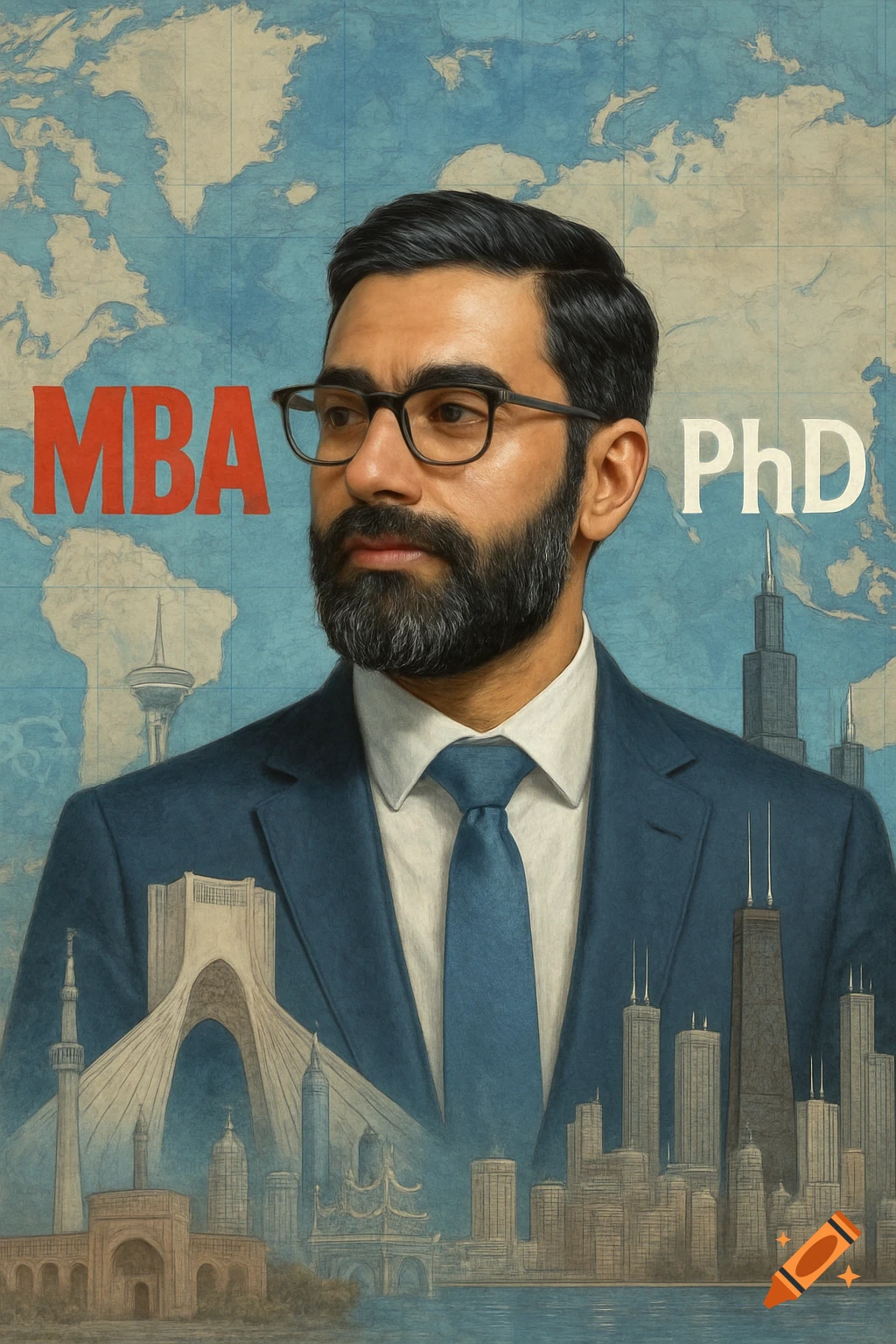 A professional man in a suit with a beard stands before a world map, with 'MBA', 'PhD' text and city skylines.