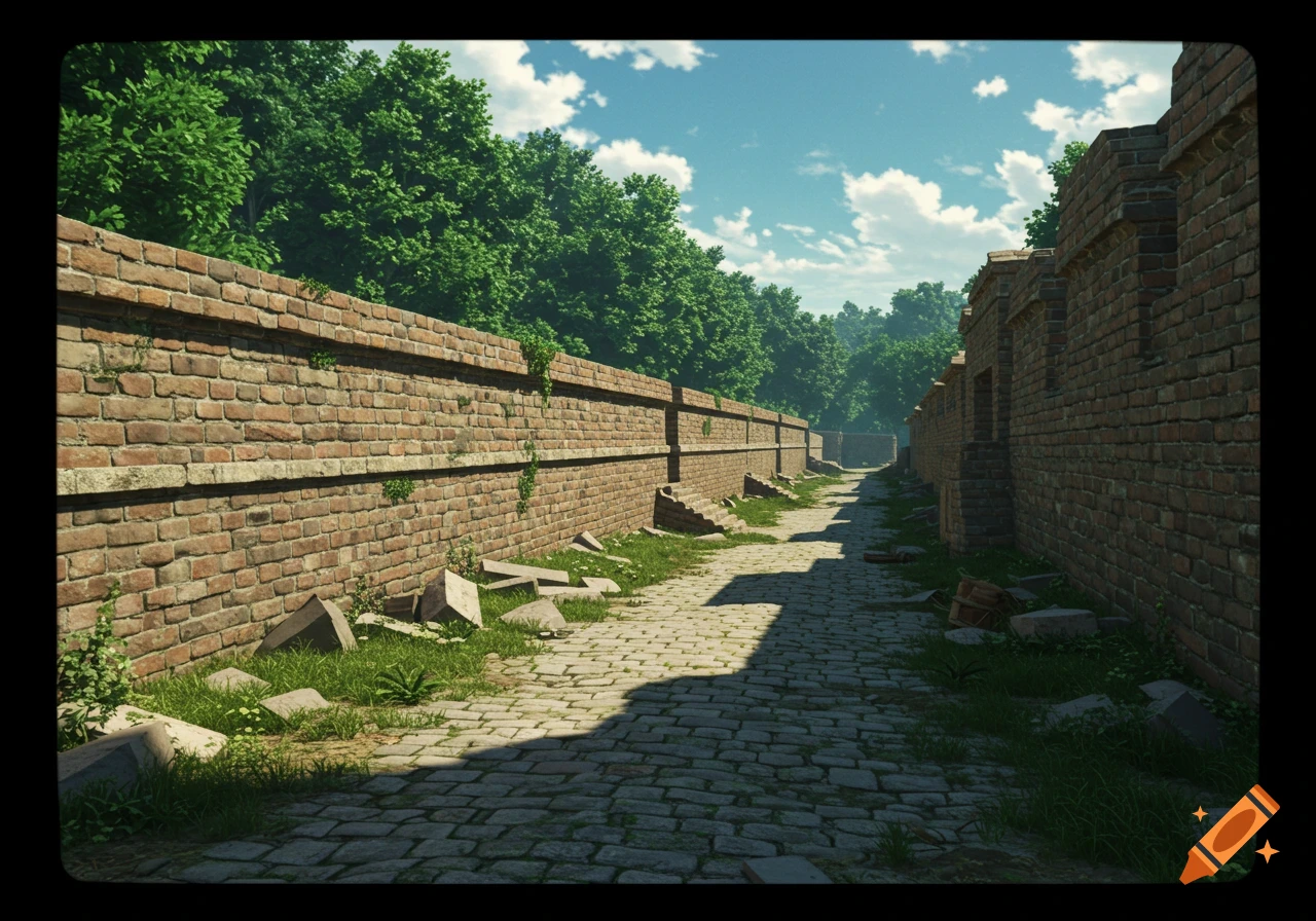 A narrow cobblestone path between tall brick walls leads into a treeline under a cloudy blue sky. Grass and broken stones line the path in a photorealistic style.