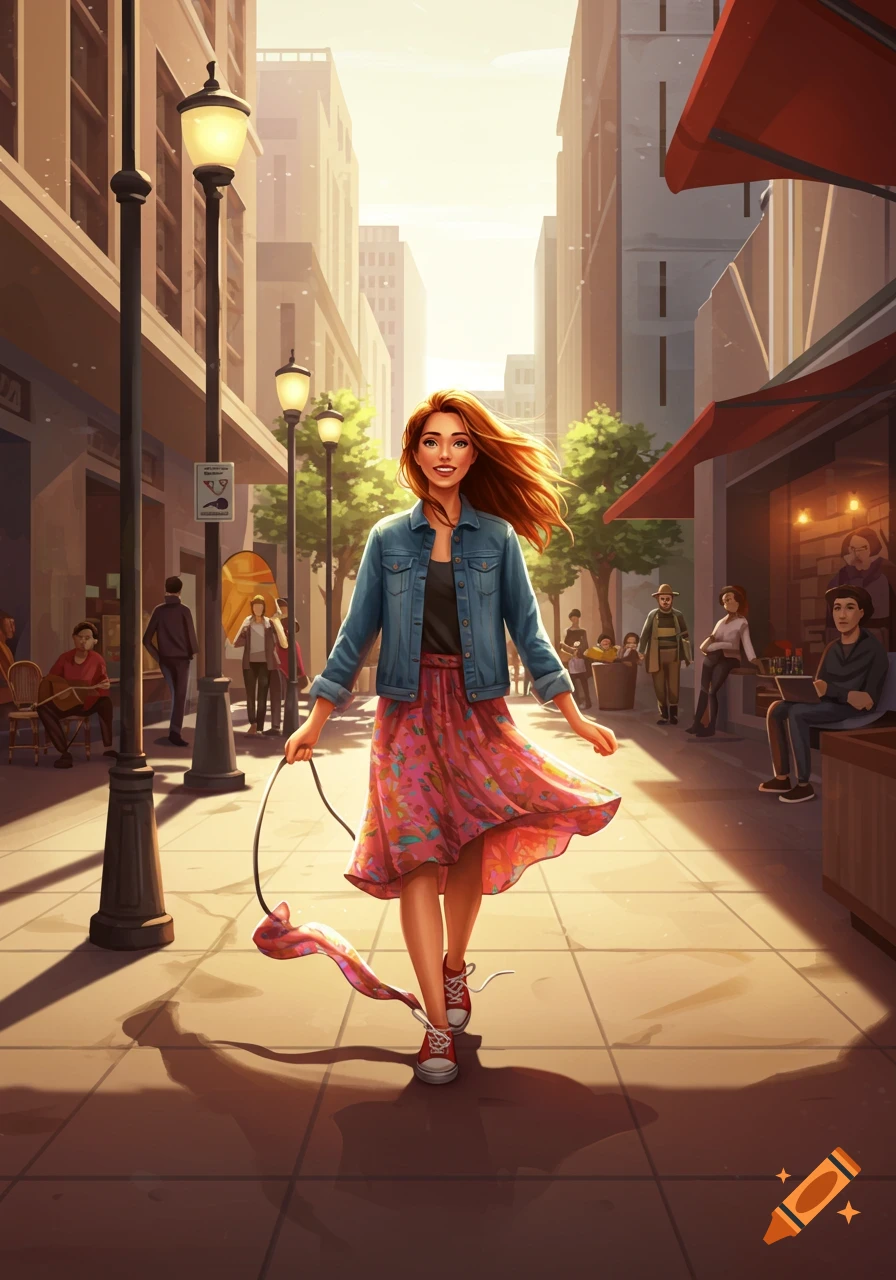 A stylized illustration of a red-haired woman in a denim jacket and floral skirt walking down a sunny city street.